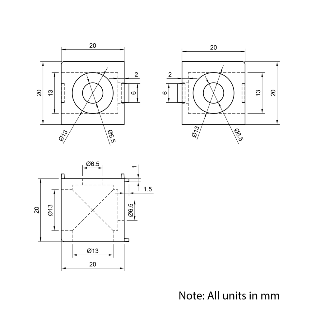 Technical Drawing Of Cube Corner Bracket - 20 Series - 2 Way