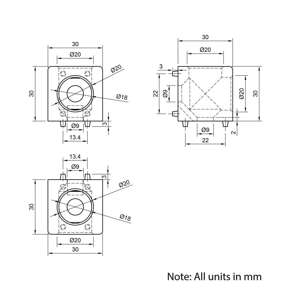 Technical Drawing Of Cube Corner Bracket - 30 Series - 2 Way