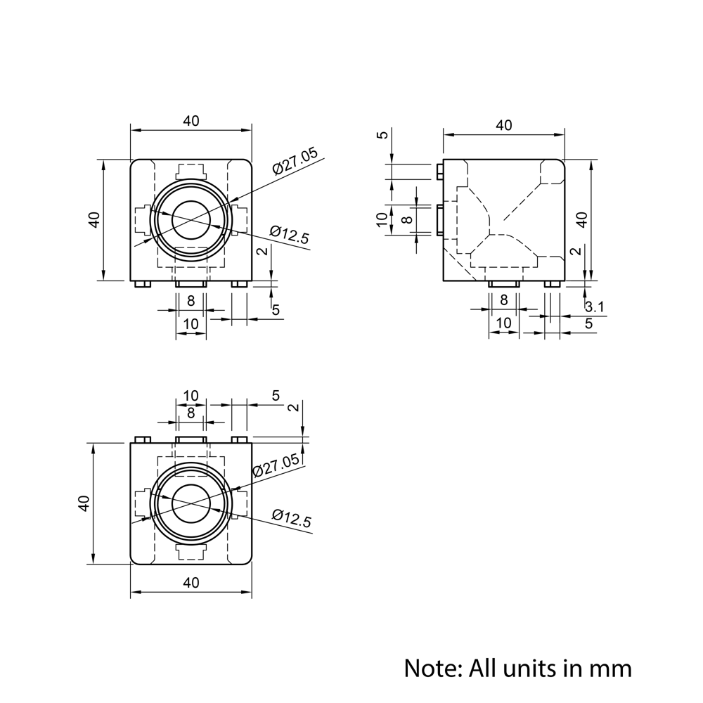Technical Drawing Of Cube Corner Bracket - 40 Series - 2 Way
