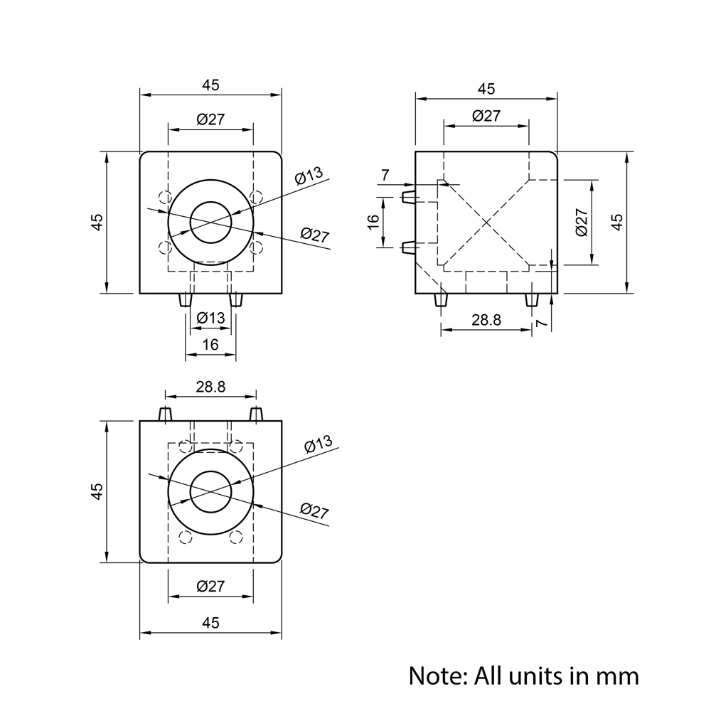 Technical Drawing Of Cube Corner Bracket - 45 Series - 2 Way