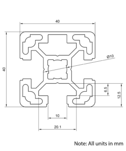 Technical Drawing Of Aluminium Extrusion Profile - T-Slot - 40x40mm - 3 Slot - Silver - Cut to Size