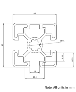 Technical Drawing Of Aluminium Extrusion Profile - T-Slot - 45x45mm - 3 Slot - Silver - Cut to Size