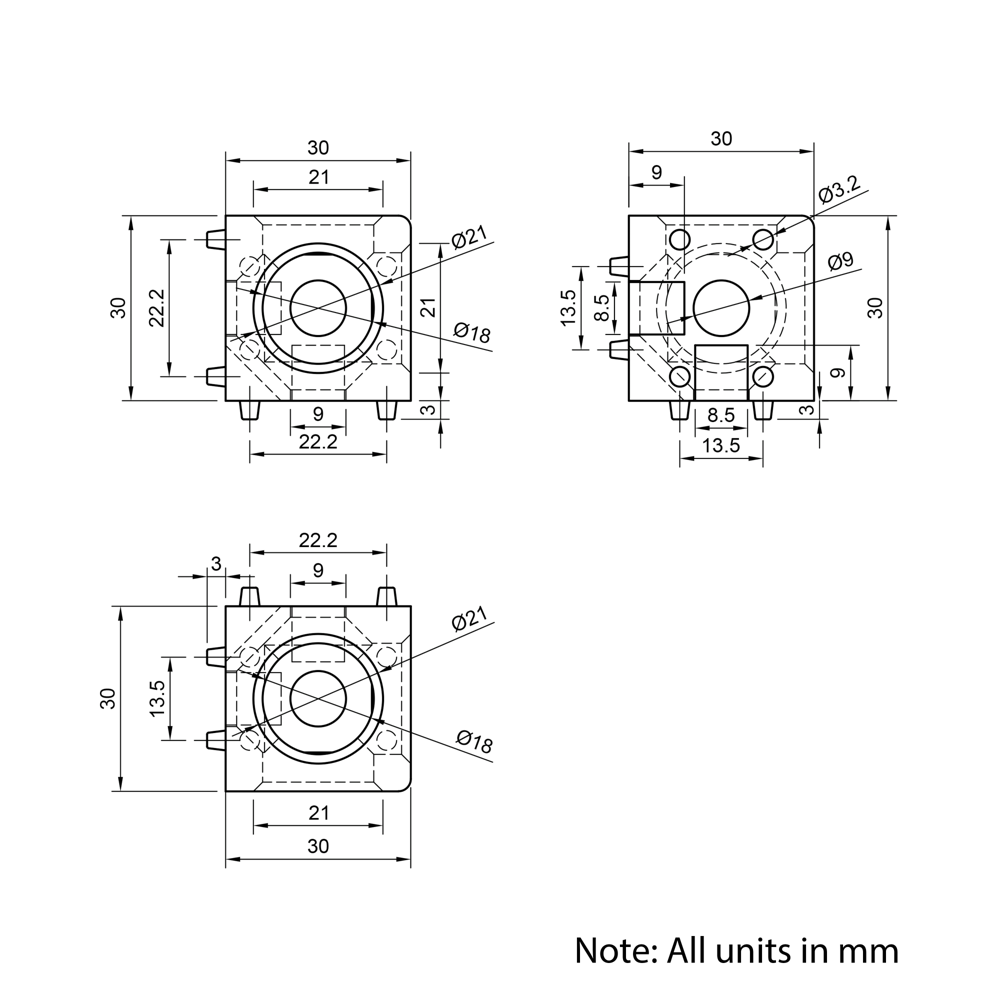 Technical Drawing Of Cube Corner Bracket - 30 Series - 3 Way