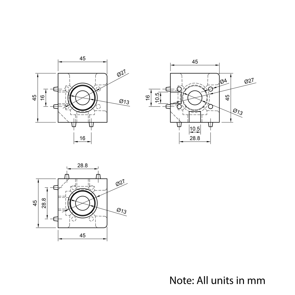 Technical Drawing Of Cube Corner Bracket - 45 Series - 3 Way