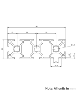 Technical Drawing Of Aluminium Extrusion Profile - T-Slot - 30x90mm - Silver - Cut to Size
