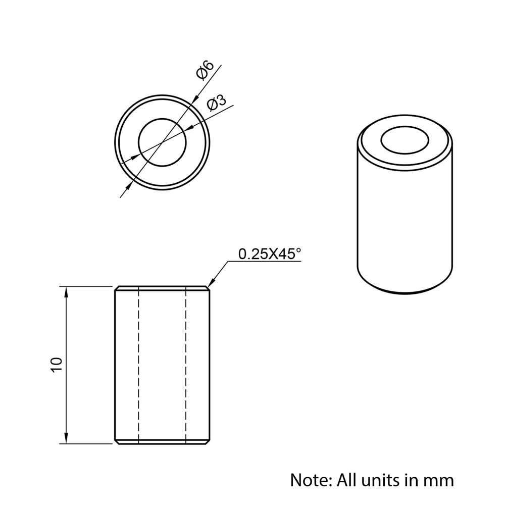 Technical Drawing Of Aluminium Spacer - 3mm - 10mm