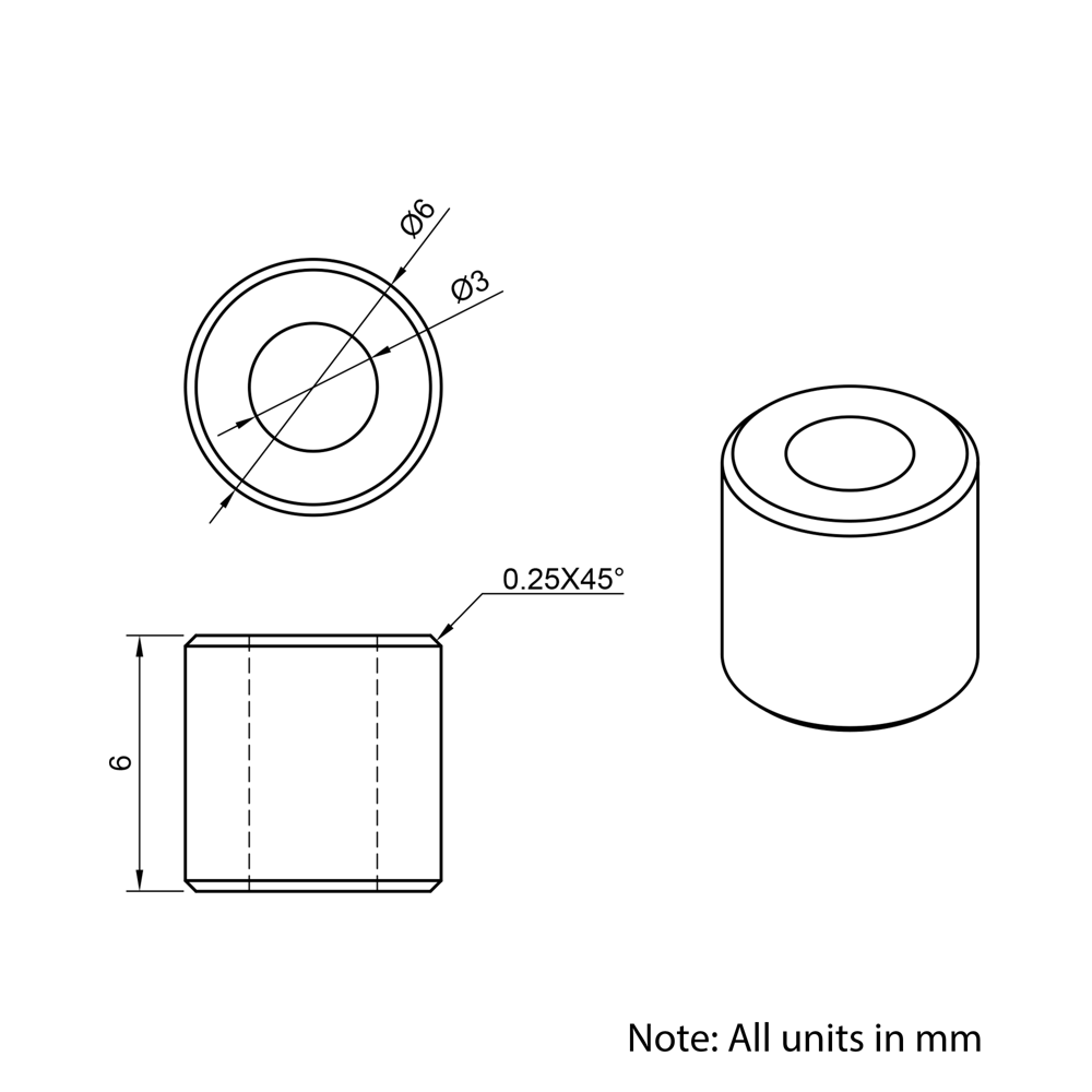 Technical Drawing Of Aluminium Spacer - 3mm - 6mm