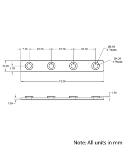Technical Drawing Of Inner Link Connector - Profile - 4 Hole - With Fixings