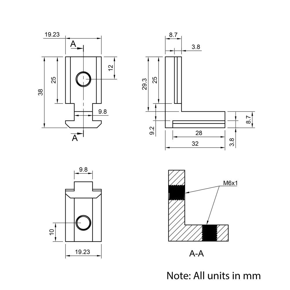 Technical Drawing Of Heavy Duty Inner Link Connector - Butt - Inside - 40 & 45 Series - With Fixings