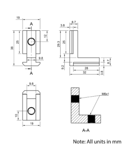 Technical Drawing Of Heavy Duty Inner Link Connector - Butt - Outside - 40 & 45 Series - With Fixings
