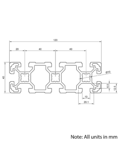 Technical Drawing Of Aluminium Extrusion Profile - T-Slot - 40x120mm - Silver - Cut to Size