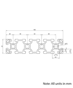 Technical Drawing Of Aluminium Extrusion Profile - T-Slot - 40x160mm - Silver - Cut to Size