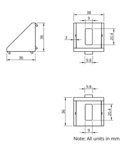 Technical Drawing Of Corner Bracket - 40 Series - 40x40 - With Cover Cap