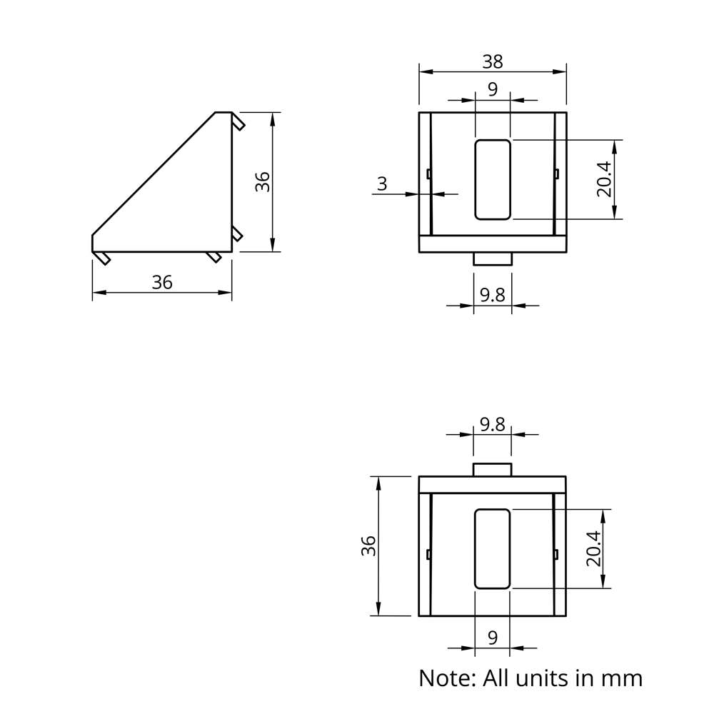 Technical Drawing Of Corner Bracket - 40 Series - 40x40 - With Cover Cap