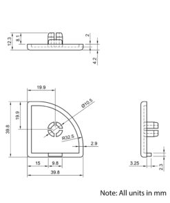 Technical Drawing Of Plastic End Cap - 40 Series - 40x40 - 90 Degree Radius