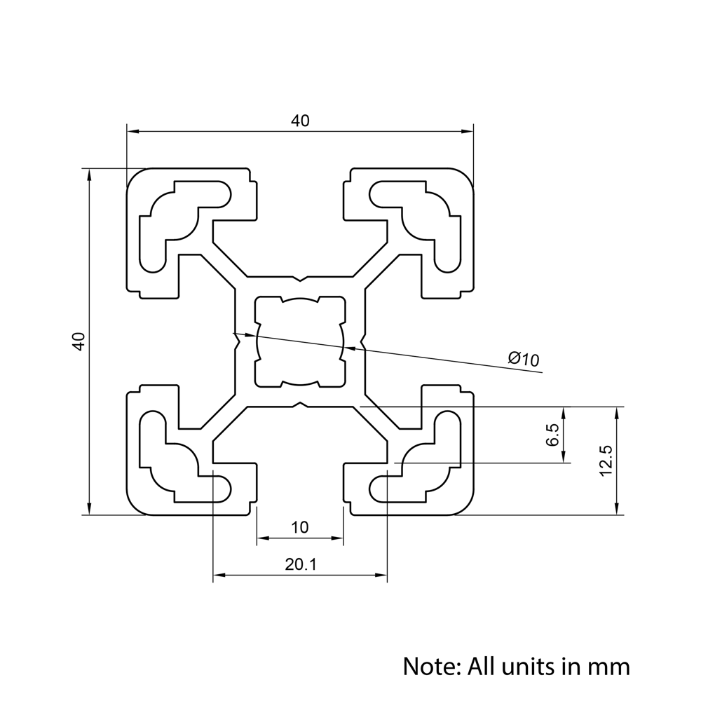 Technical Drawing Of Aluminium Extrusion Profile - T-Slot - 40x40mm - Silver - Cut to Size
