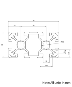 Technical Drawing Of Aluminium Extrusion Profile - T-Slot - 40x80mm - Silver - Cut to Size