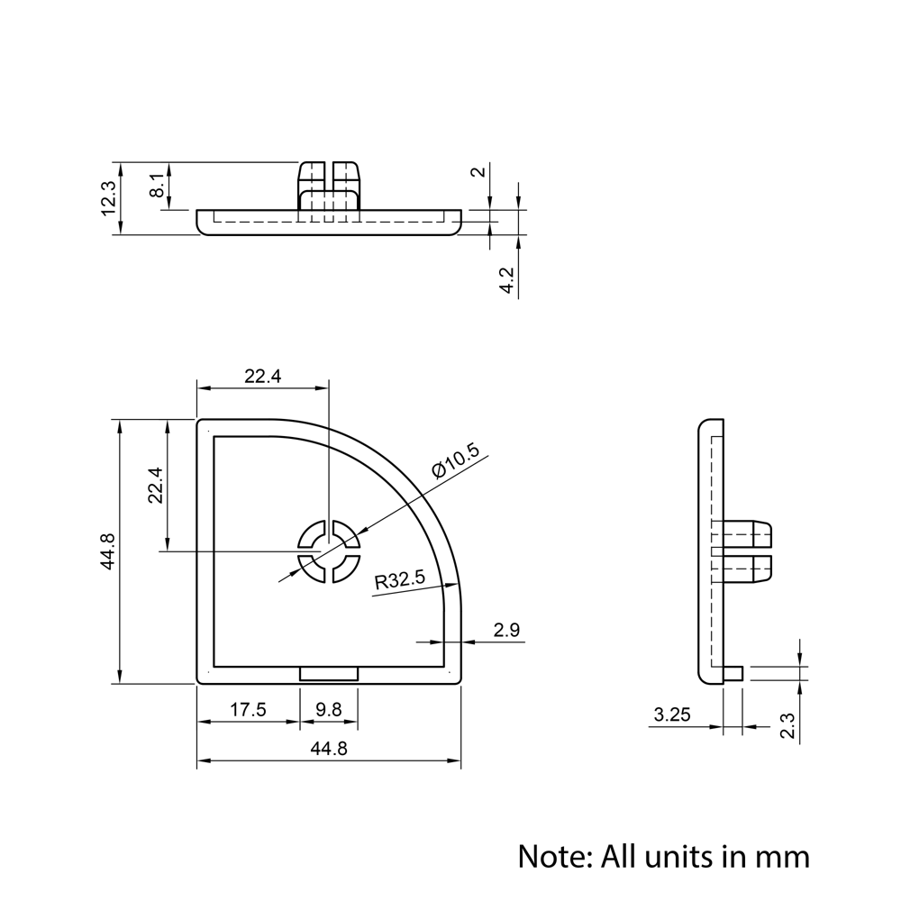 Technical Drawing Of Plastic End Cap - 45 Series - 45x45 - 90 Degree Radius