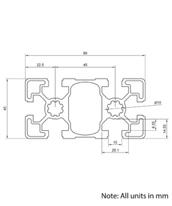 Technical Drawing Of Aluminium Extrusion Profile - T-Slot - 45x90mm - Silver - Cut to Size