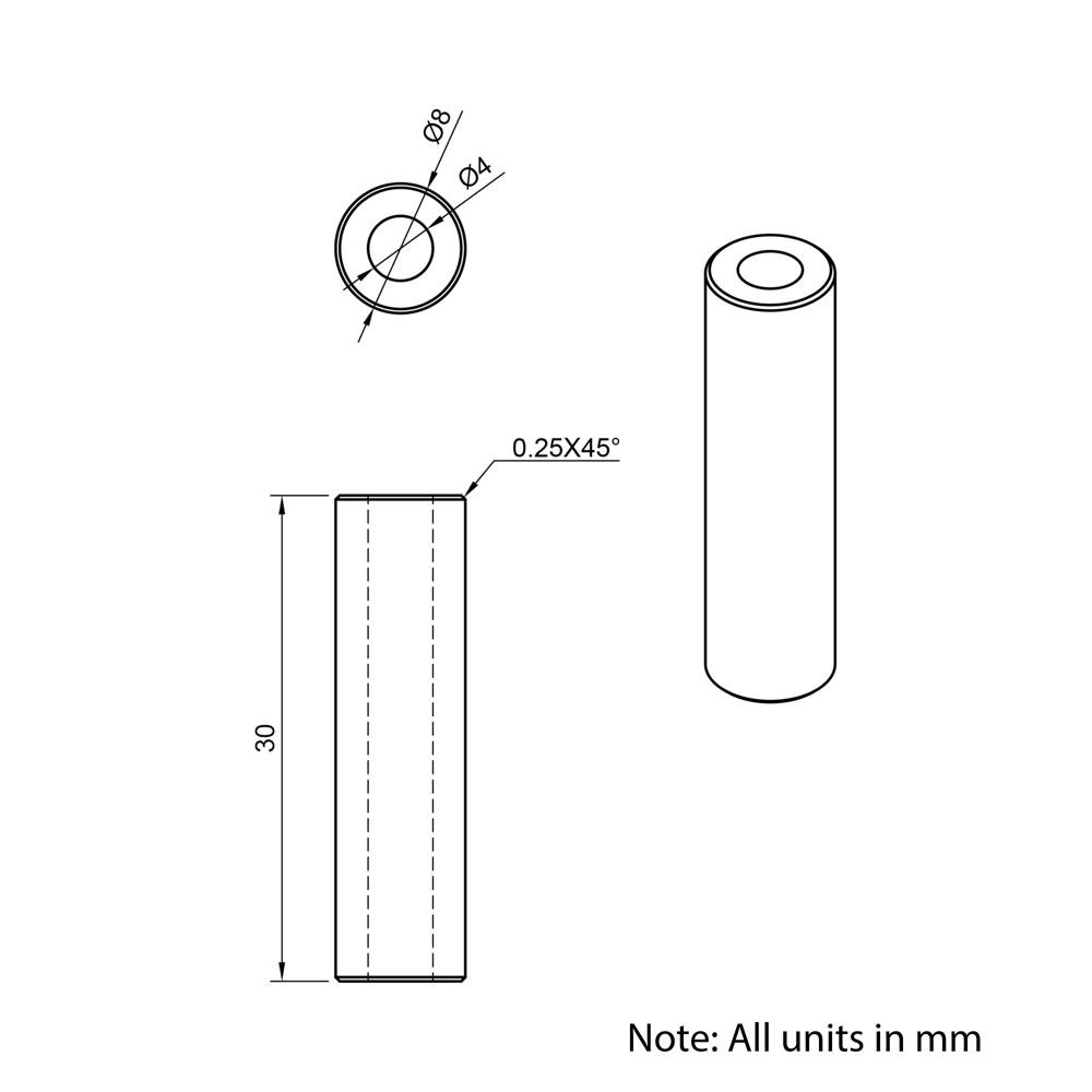 Technical Drawing Of Aluminium Spacer - 4mm - 30mm