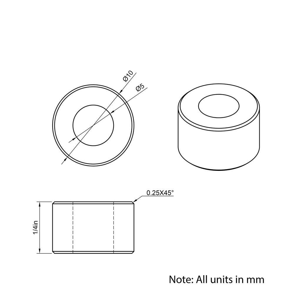 Technical Drawing Of Aluminium Spacer - 5mm - 1/4