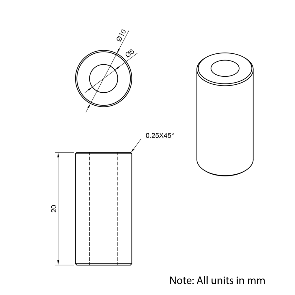 Technical Drawing Of Aluminium Spacer - 5mm - 20mm