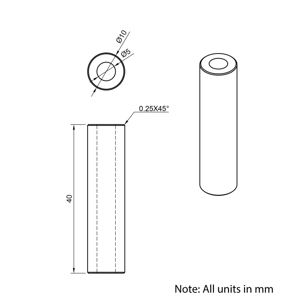 Technical Drawing Of Aluminium Spacer - 5mm - 40mm