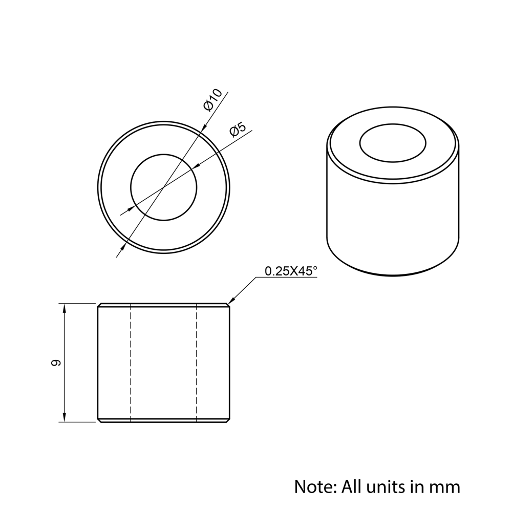 Technical Drawing Of Aluminium Spacer - 5mm - 9mm