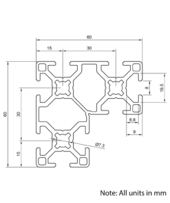 Technical Drawing Of Aluminium Extrusion Profile - T-Slot - 60x60mm (L-Beam) - Silver - Cut to Size