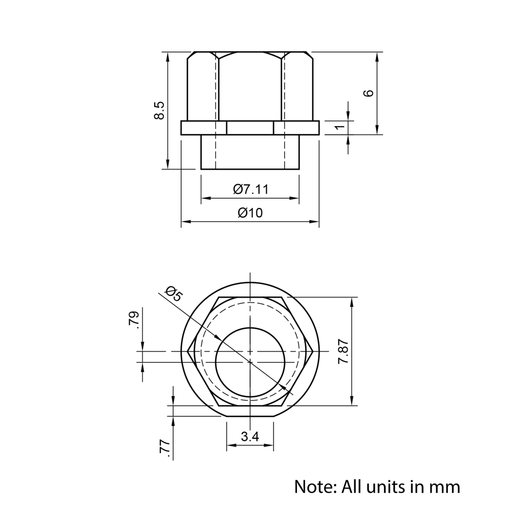 Technical Drawing Of Wheel Eccentric Spacer Nut - 6mm