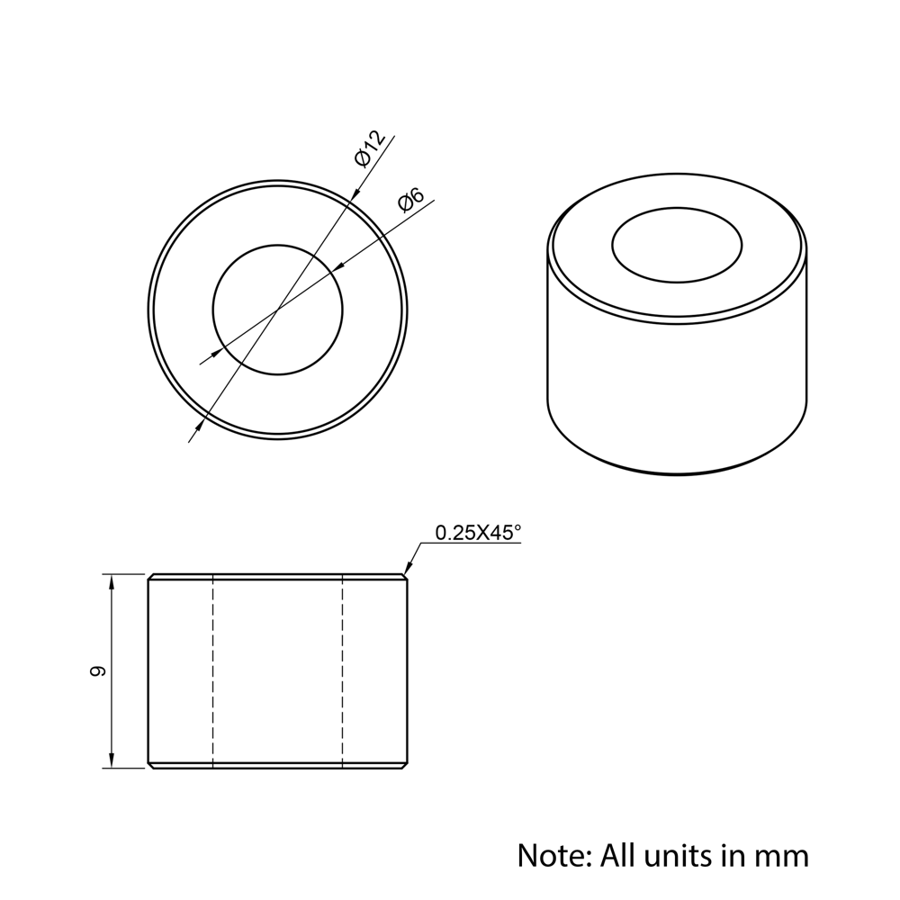 Technical Drawing Of Aluminium Spacer - 6mm - 9mm