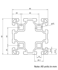 Technical Drawing Of Aluminium Extrusion Profile - T-Slot - 80x80mm - Silver - Cut to Size