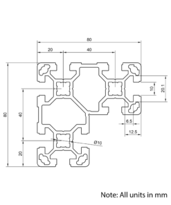 Technical Drawing Of Aluminium Extrusion Profile - T-Slot - 80x80mm (L-Beam) - Silver - Cut to Size