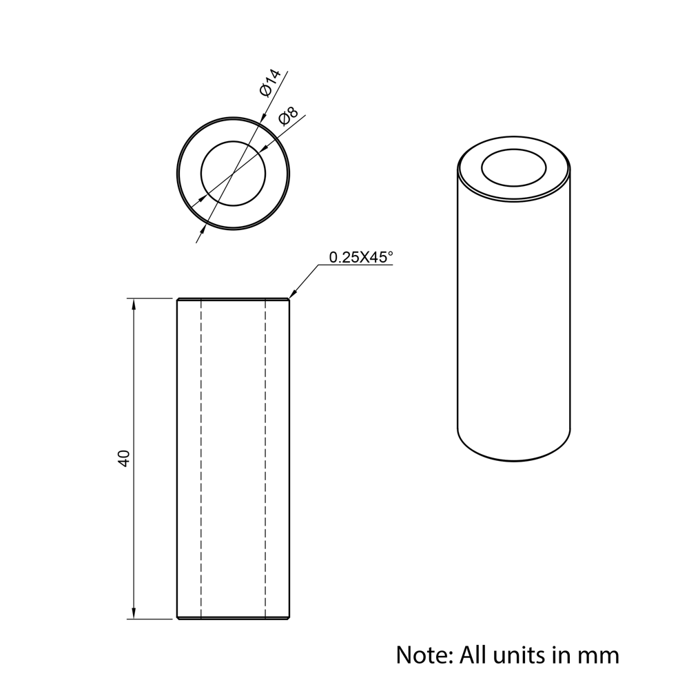 Technical Drawing Of Aluminium Spacer - 8mm - 40mm