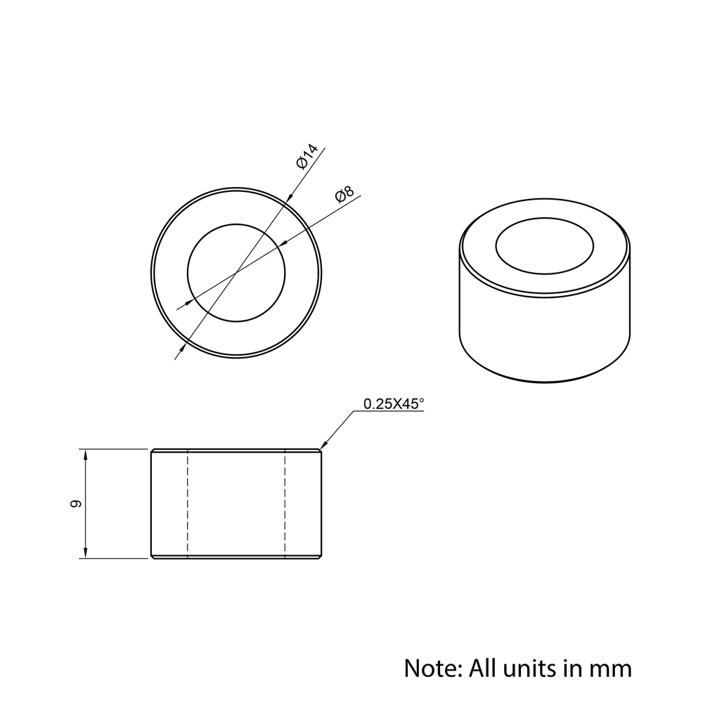 Technical Drawing Of Aluminium Spacer - 8mm - 9mm