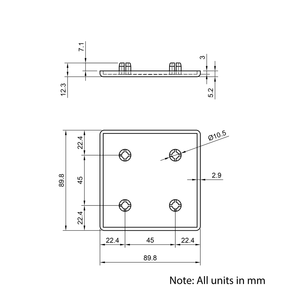 Technical Drawing Of Plastic End Cap - 45 Series - 90x90