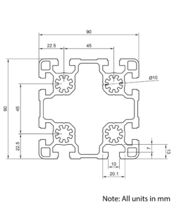 Technical Drawing Of Aluminium Extrusion Profile - T-Slot - 90x90mm - Silver - Cut to Size