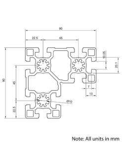 Technical Drawing Of Aluminium Extrusion Profile - T-Slot - 90x90mm (L-Beam) - Silver - Cut to Size