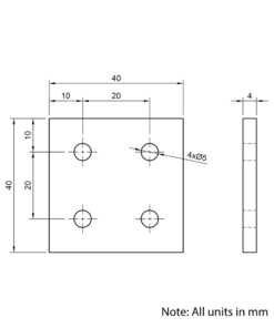 Technical Drawing Of Plate Connector - 4 Hole - Double Slot - 20 Series - Aluminium - Black