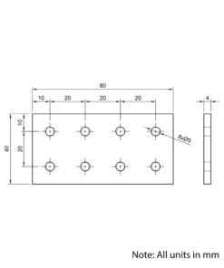 Technical Drawing Of Plate Connector - 8 Hole - Double Slot - 20 Series - Aluminium - Black