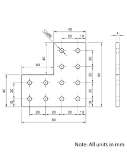 Technical Drawing Of Plate Connector - 90 Degree - Double Slot - 20 Series - Aluminium - Black