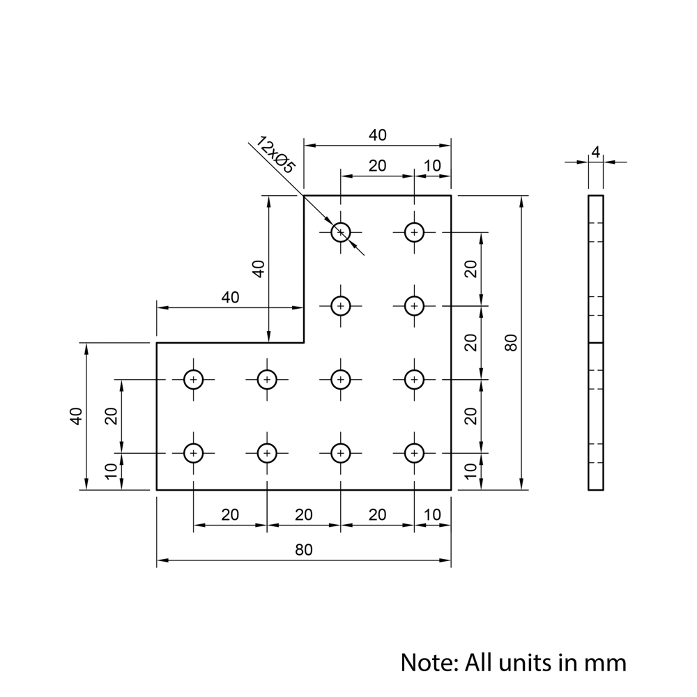 Technical Drawing Of Plate Connector - 90 Degree - Double Slot - 20 Series - Aluminium - Black