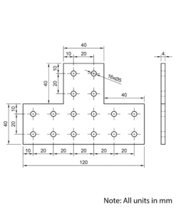 Technical Drawing Of Plate Connector - T - Double Slot - 20 Series - Aluminium - Black