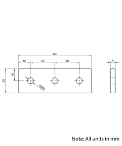 Technical Drawing Of Plate Connector - 3 Hole - Single Slot - 20 Series - Aluminium - Black