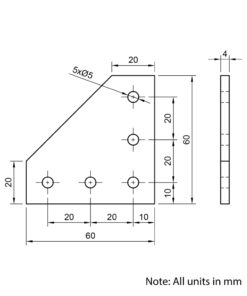 Technical Drawing Of Plate Connector - 90 Degree - Single Slot - 20 Series - Aluminium - Black