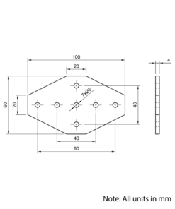 Technical Drawing Of Plate Connector - Cross - Single Slot - 20 Series - Aluminium - Black