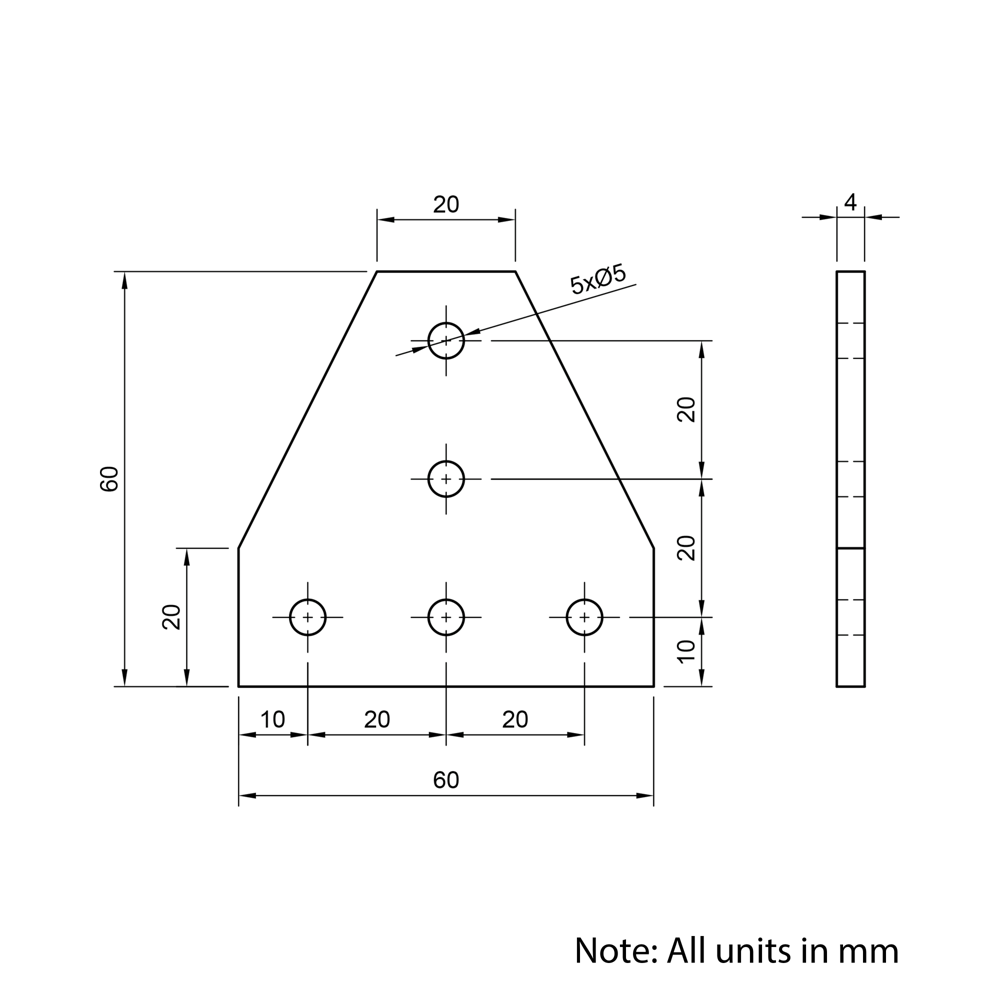 Technical Drawing Of Plate Connector - T - Single Slot - 20 Series - Aluminium - Black