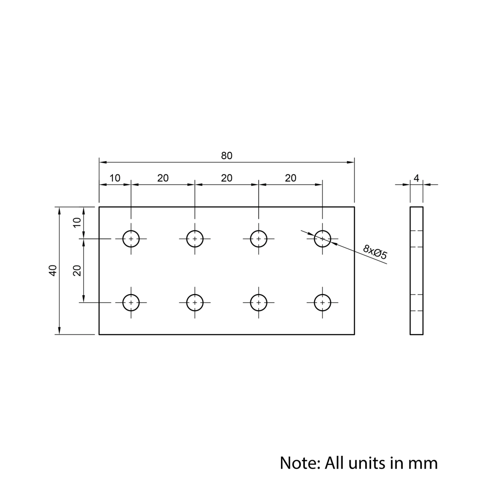 Technical Drawing Of Plate Connector - 8 Hole - Double Slot - 20 Series - Aluminium - Silver