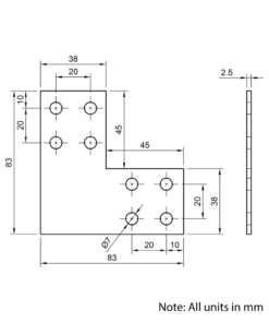 Technical Drawing Of Plate Connector - 90 Degree - Double Slot - 20 Series - Steel - Grey