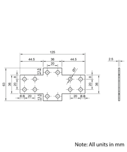 Technical Drawing Of Plate Connector - Cross - Double Slot - 20 Series - Steel - Grey